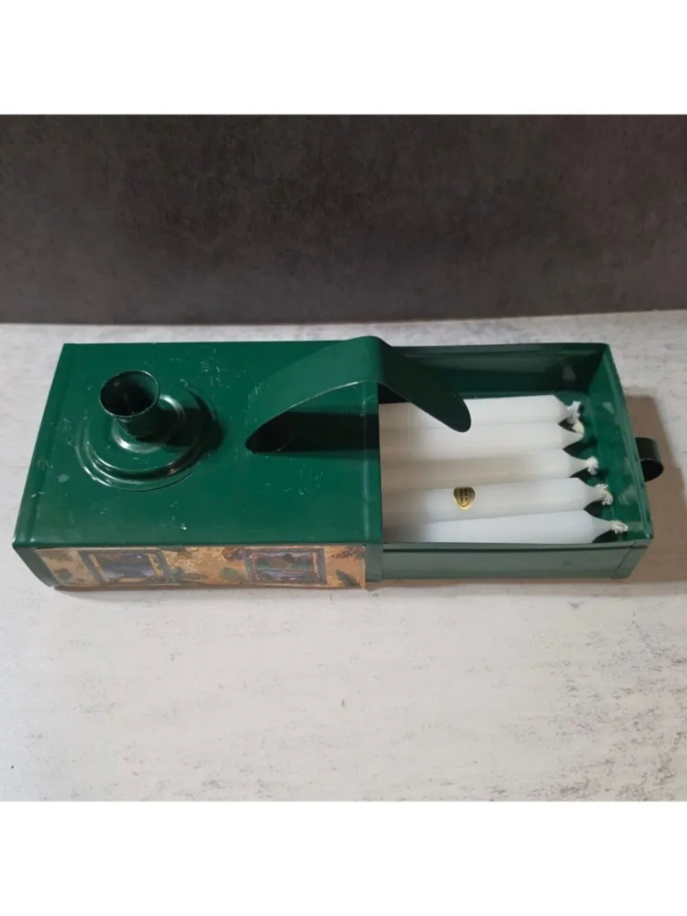 Vtg Green Metal Emergency Candle Tin Holder Storage Drawer Cabin Lodge Bear
